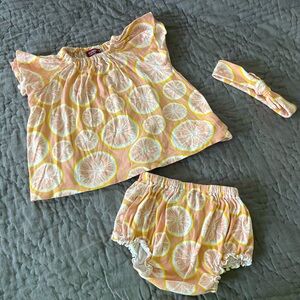 Milkbarn Grapefruit Matching Top Bloomers Headband 100% Organic Cotton 6-12 mon